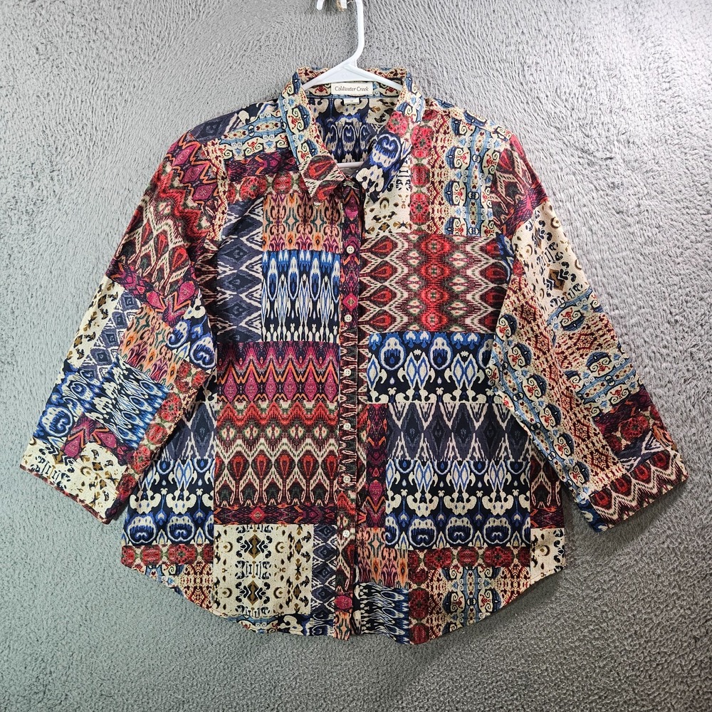 Coldwater Creek Shirt Top Women Sz 18 Aztec Geometric Print Button Up Multicolor
